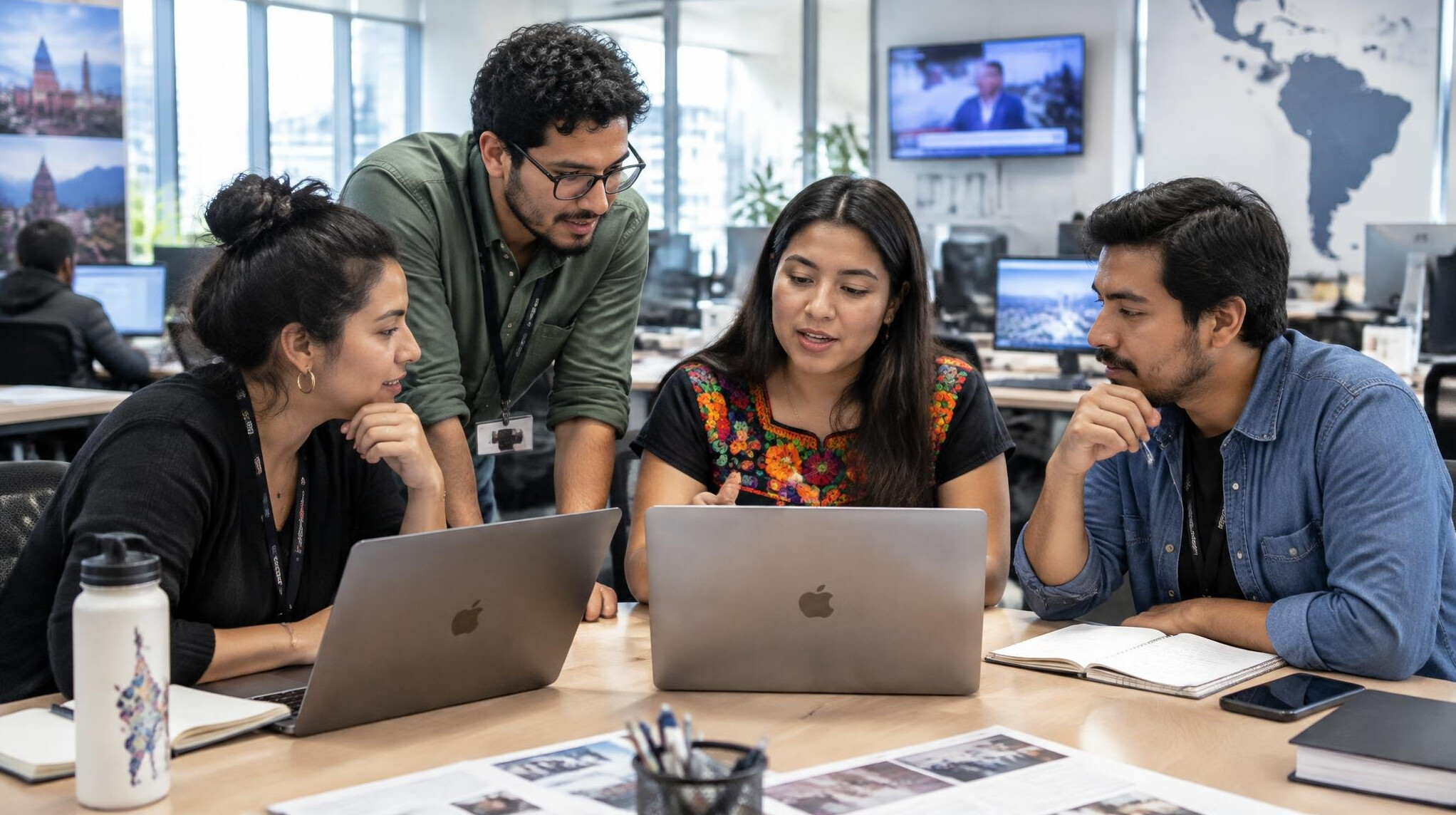Editorial team working together with laptops