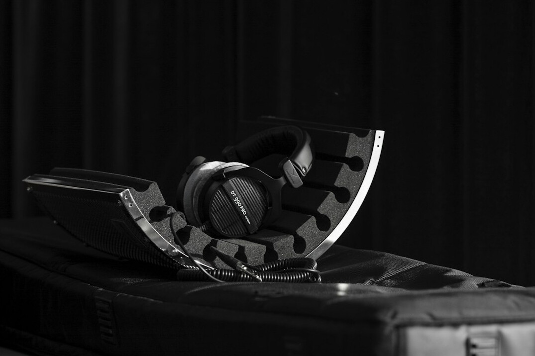 Podcast microphone and headphones in a studio