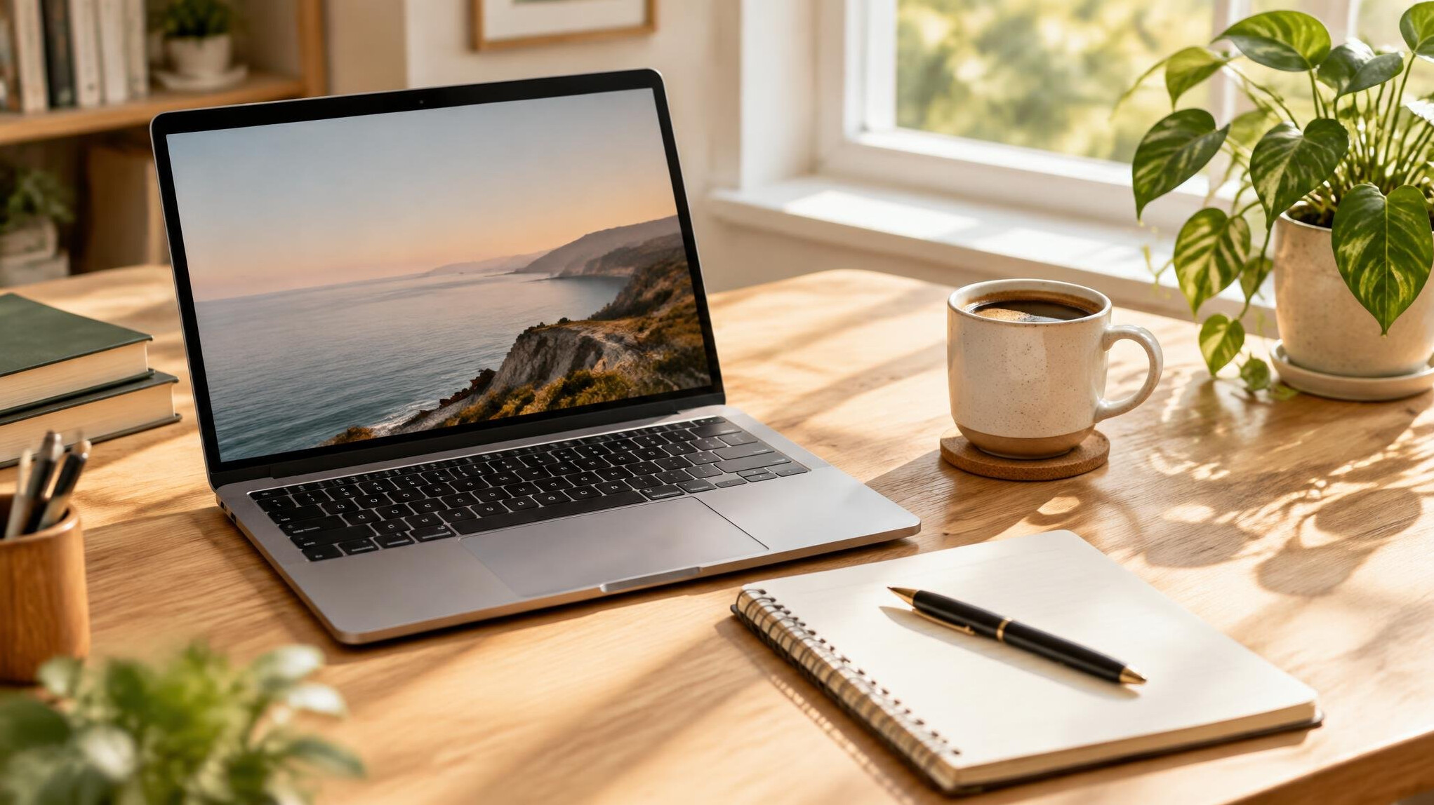 Writer working on a laptop at a desk with notebook and coffee