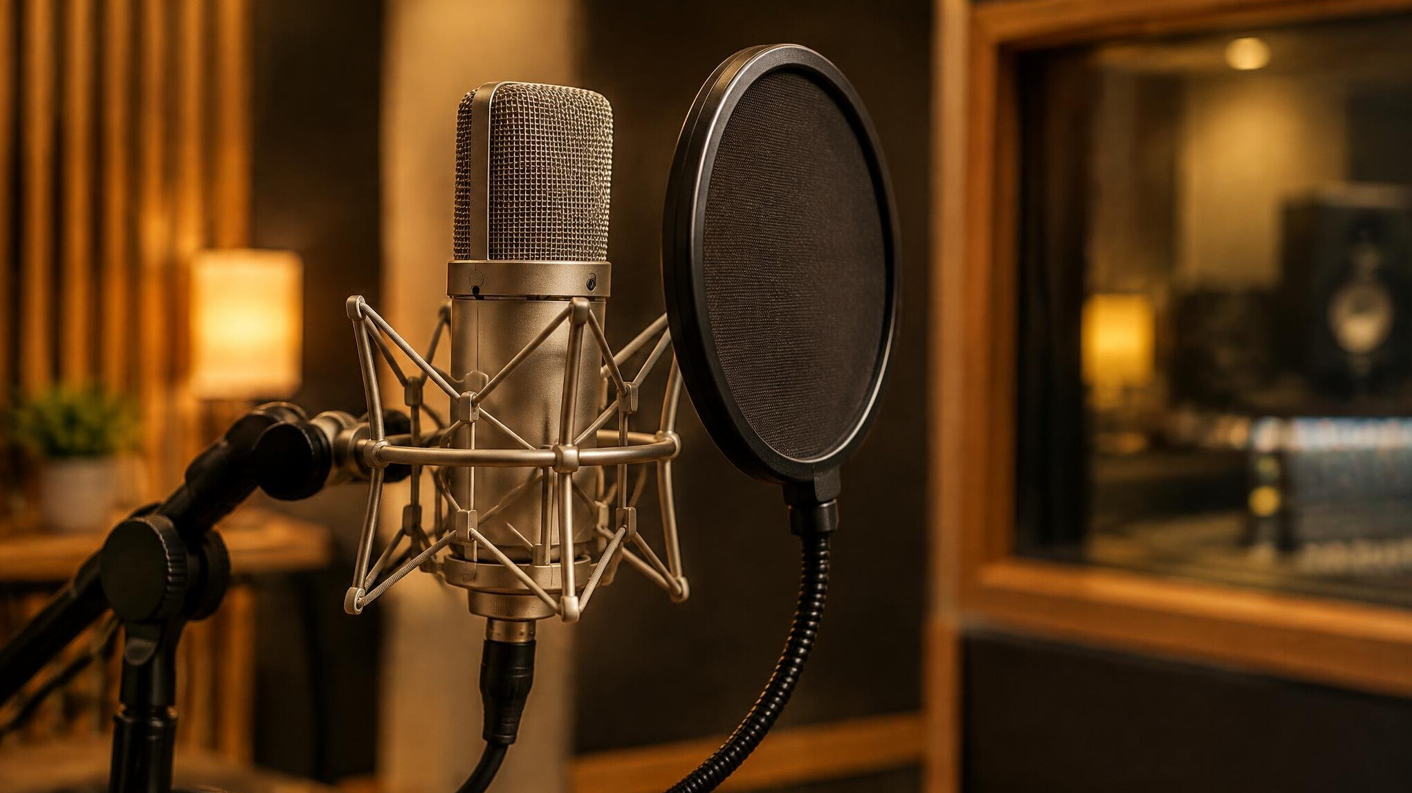 Recording studio microphone with warm lighting